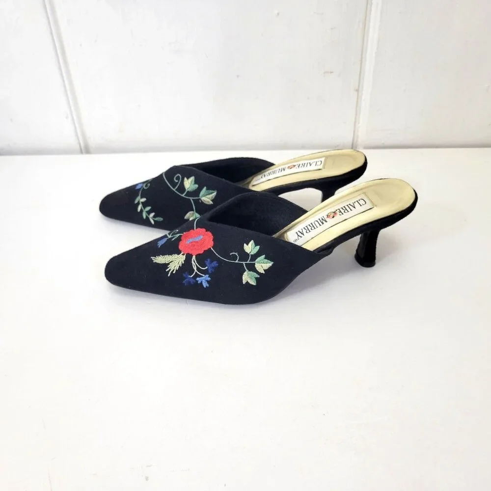 Claire Murray Provence Floral Embroidered Floral Black Mules Heels Women's Shoe - Picture 1 of 7